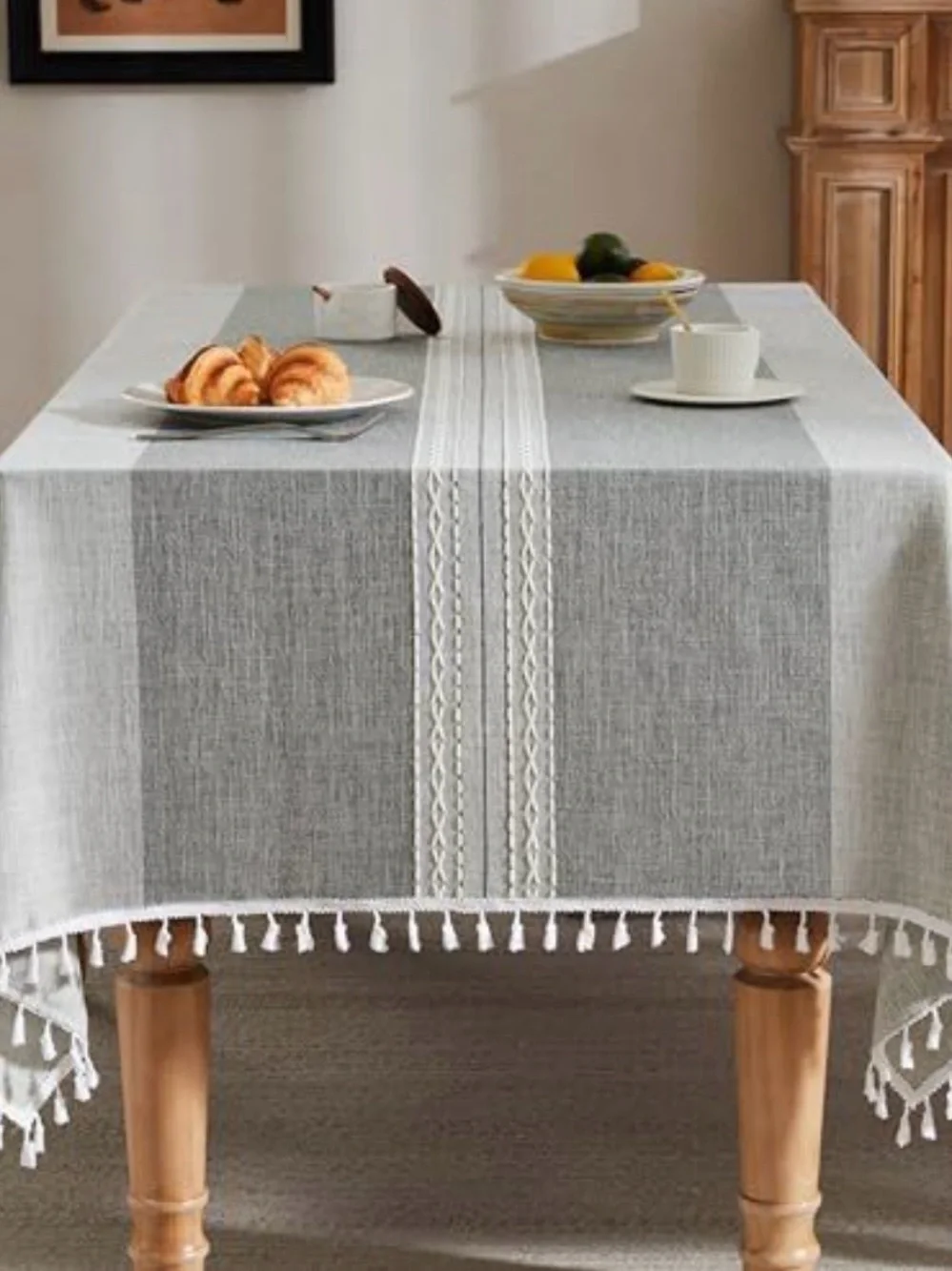 Gray and White Tassel Tablecloth - Home Dining